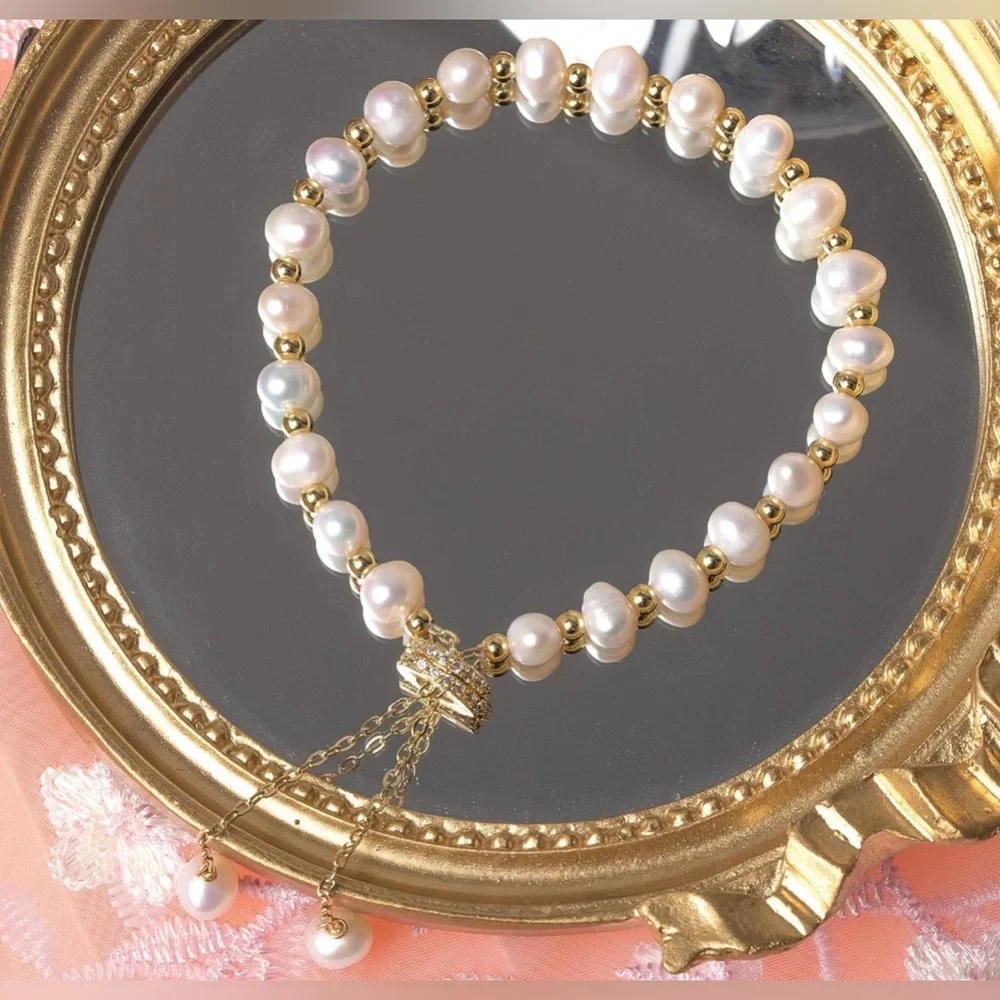 NWT Pearl Bracelet Chain Link Baroque Culture Bossimi 14K Gold Filled Adjustable